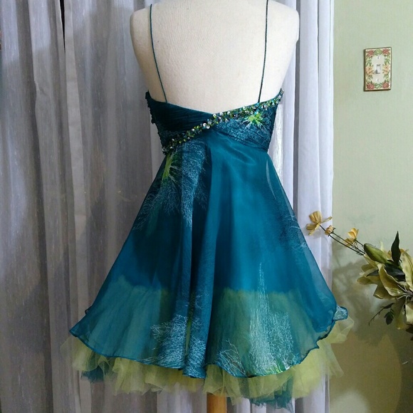 Sequin peacock green frilly short party prom dress - Picture 6 of 6